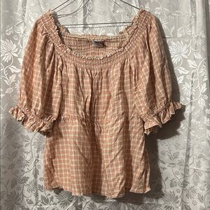 Old Navy Gingham Smocked Peasant Blouse Pink White Check Size L.